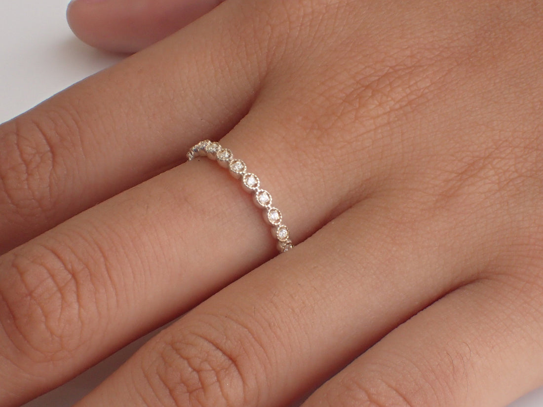 Art Deco Diamond Wedding Band, Solid Gold Full Eternity Band, Thin Dainty Band, Delicate Eye Stacking Band