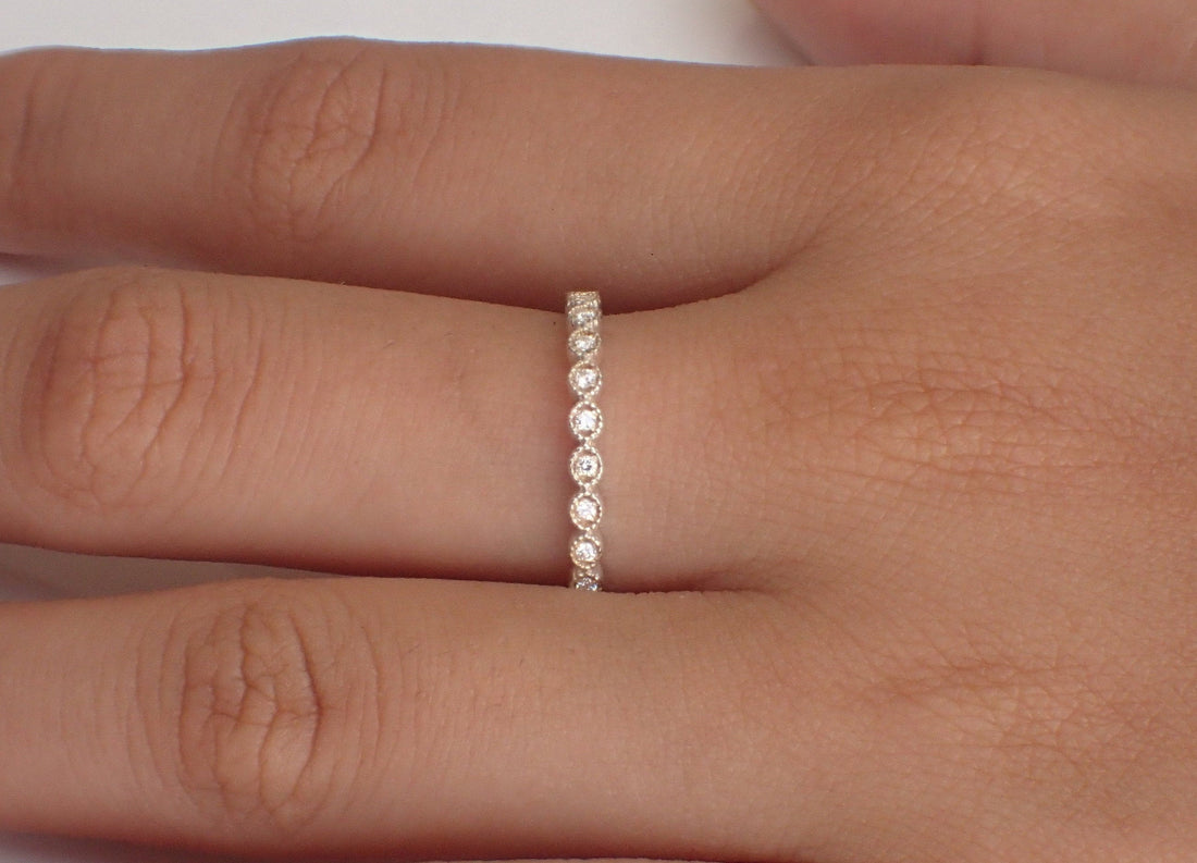 Art Deco Diamond Wedding Band, Solid Gold Full Eternity Band, Thin Dainty Band, Delicate Eye Stacking Band