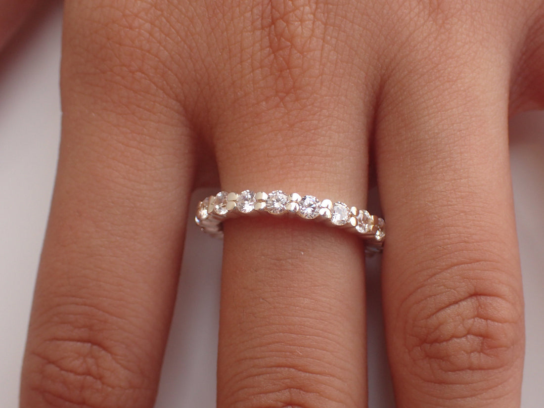 2.0mm Shared Prong Ring, Half Eternity Diamond Wedding Band, 14k Solid Gold Shared Prong Ring, Delicate Stackable Band