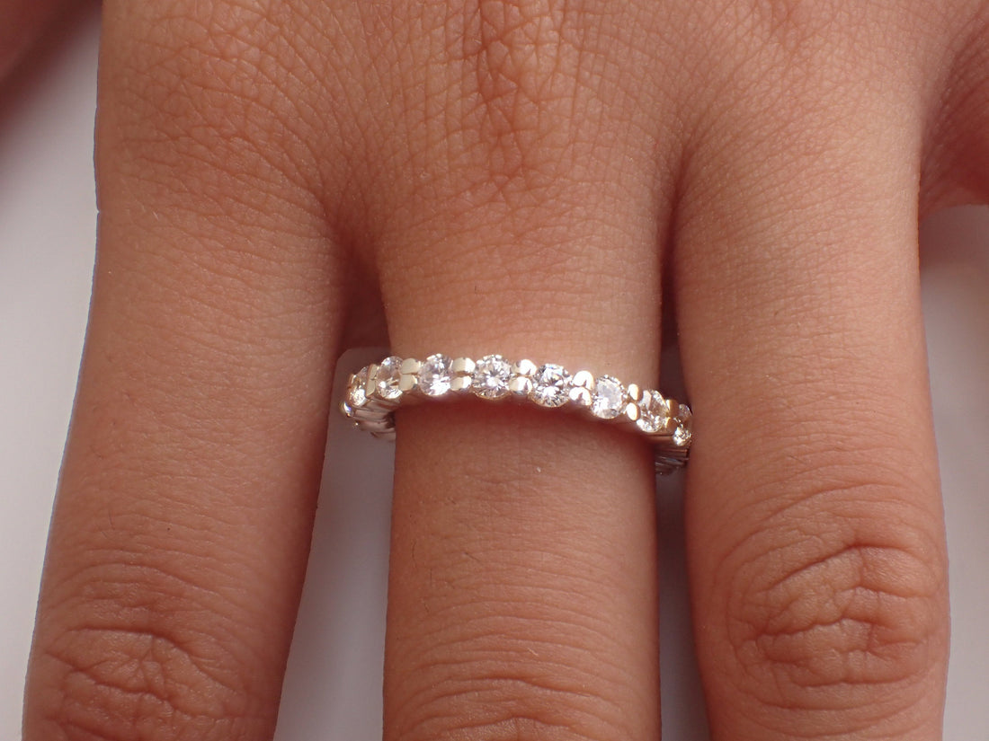 2.0mm Shared Prong Ring, Half Eternity Diamond Wedding Band, 14k Solid Gold Shared Prong Ring, Delicate Stackable Band