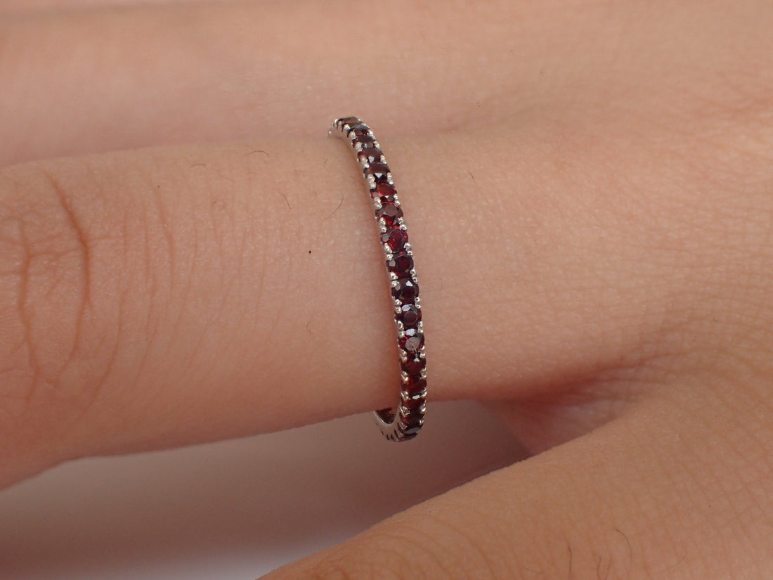 Garnet Eternity Band, Solid Gold Garnet Wedding Band, Full Eternity Band, 1.3mm Garnet Dainty Band, January Birthstone
