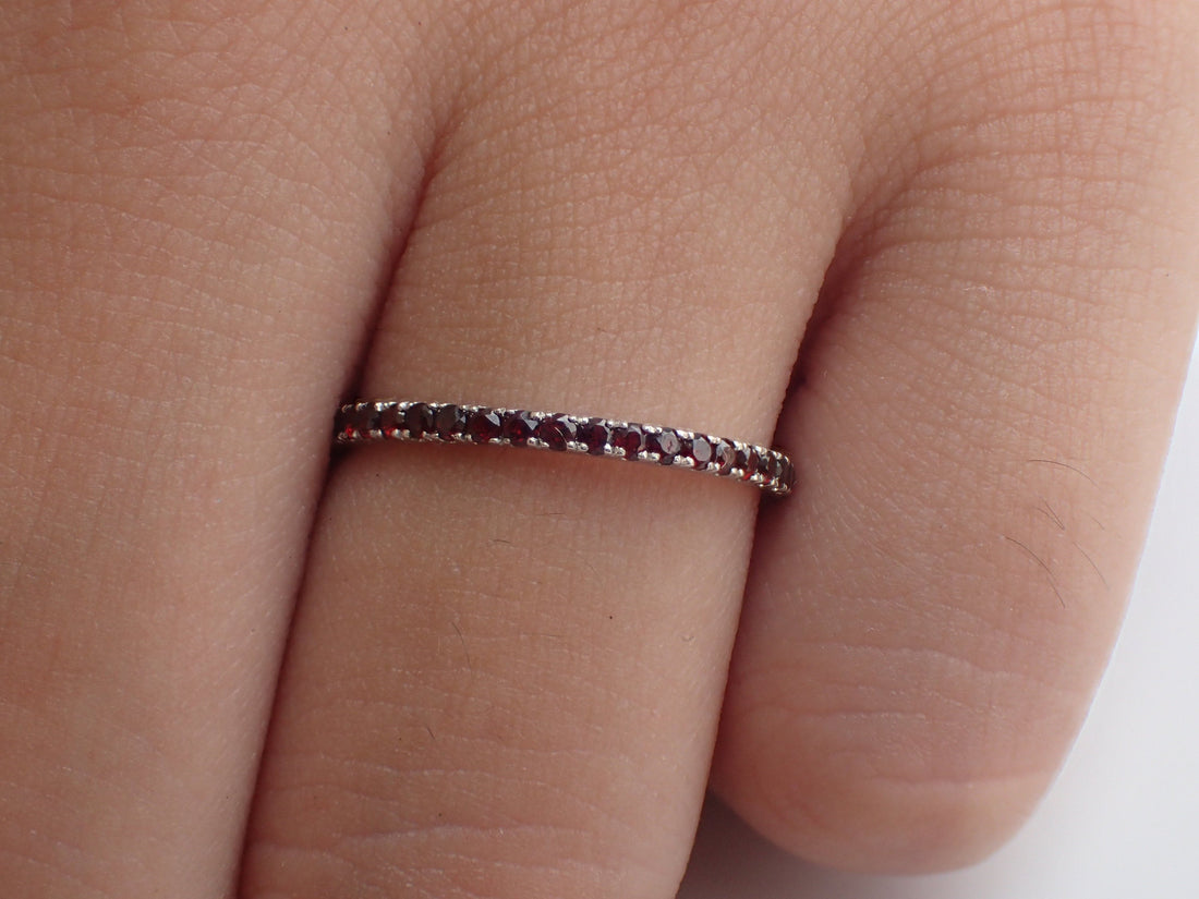 Garnet Eternity Band, Solid Gold Garnet Wedding Band, Full Eternity Band, 1.3mm Garnet Dainty Band, January Birthstone