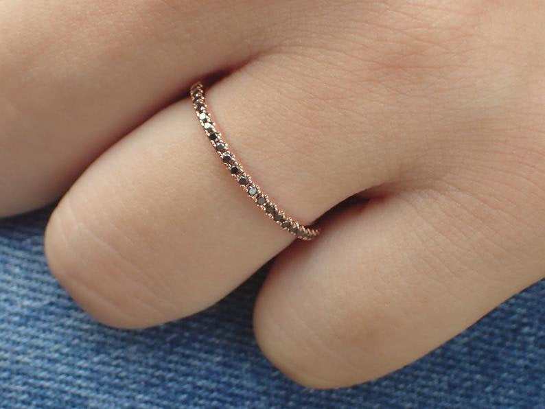 Half Eternity Black Diamond Ring, Pave Diamond Band, Thin Diamond Band, Micro Pave Band, Thin Black Diamond