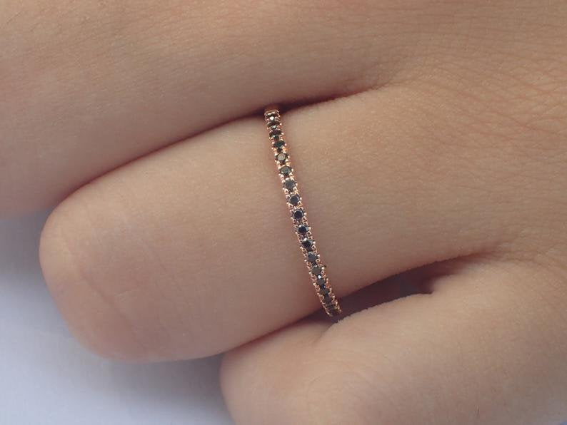 Half Eternity Black Diamond Ring, Pave Diamond Band, Thin Diamond Band, Micro Pave Band, Thin Black Diamond