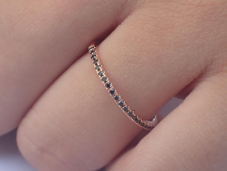 Black Diamond Half Eternity Ring, Knuckle Gold Ring, Diamond Midi Ring, Dainty Thin Ring 14k 18k Platinum Midi Ring 1.3mm