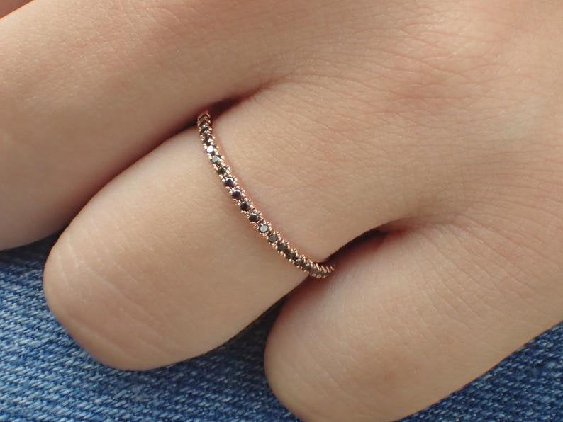 Black Diamond Half Eternity Ring, Knuckle Gold Ring, Diamond Midi Ring, Dainty Thin Ring 14k 18k Platinum Midi Ring 1.3mm