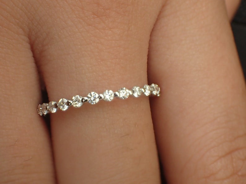 1.8mm Single Prong Moissanite Wedding Band, Solid Gold 3/4 Eternity Band, Delicate Stackable Band, Platinum 950 Band