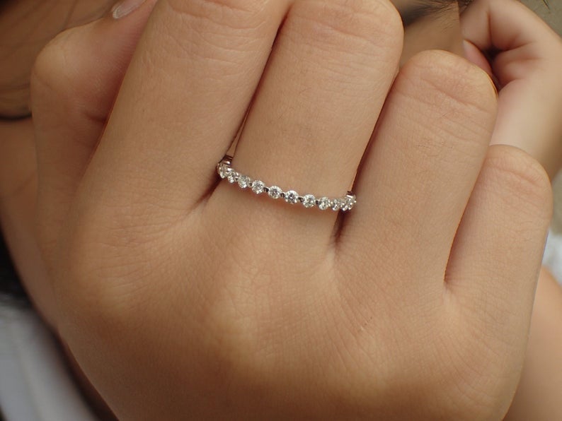 1.8mm Single Prong Band, Platinum Diamond Wedding Band, 3/4 Eternity Band, Prong Set Band, Floating Bubble Band