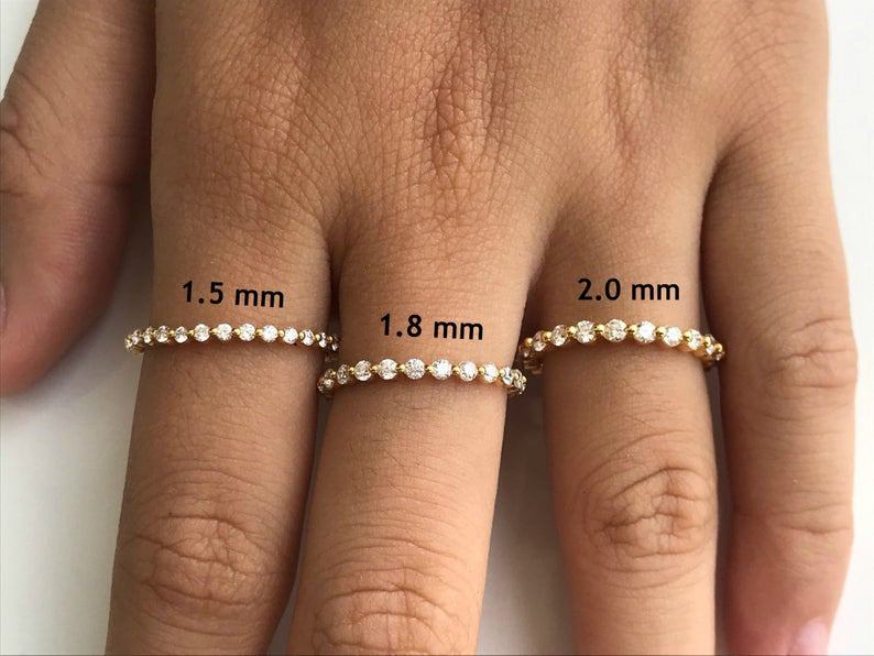 1.8mm Single Prong Diamond Wedding Band, Half Eternity Band in 14k Solid Gold, Prong Setting Band, Delicate Bubble Band