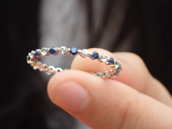 Alternating Diamonds and Blue Sapphires Single Prong Band, 14K White Gold Full Eternity Band, Ready to Ship - Fast Shipping