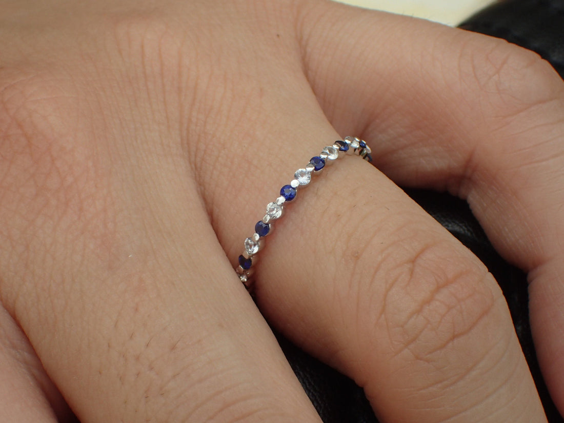 Alternating Diamonds and Blue Sapphires Single Prong Band, 14K White Gold Full Eternity Band, Ready to Ship - Fast Shipping