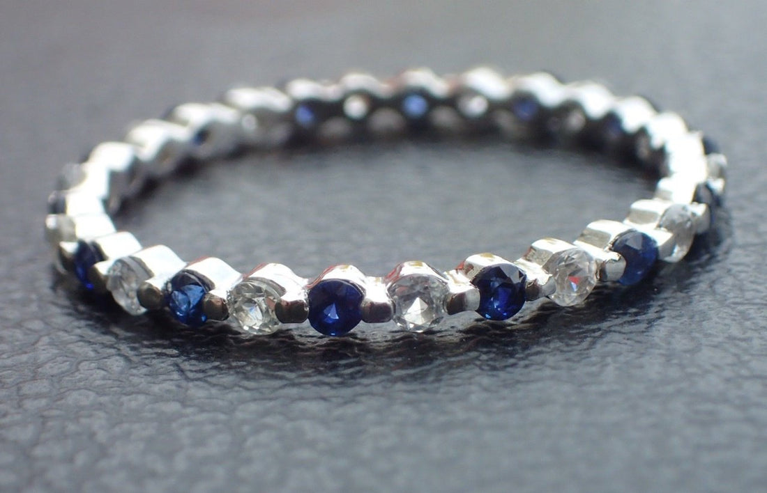 Alternating Diamonds and Blue Sapphires Single Prong Band, 14K White Gold Full Eternity Band, Ready to Ship - Fast Shipping