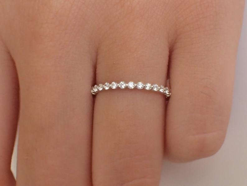 1.5mm Single Prong Moissanite Wedding Band, 14k Solid Gold Half Eternity Band, Delicate Stacking Band, Floating Bubble Band