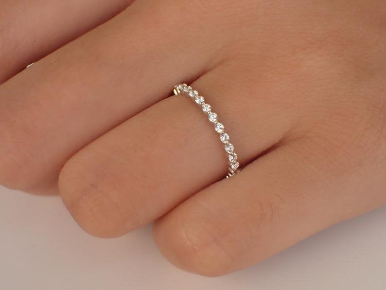 1.5mm Single Prong Moissanite Wedding Band, 14k Solid Gold Half Eternity Band, Delicate Stacking Band, Floating Bubble Band