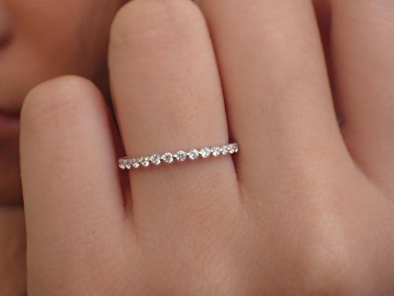 1.5mm Single Prong Moissanite Wedding Band, 14k Solid Gold Half Eternity Band, Delicate Stacking Band, Floating Bubble Band