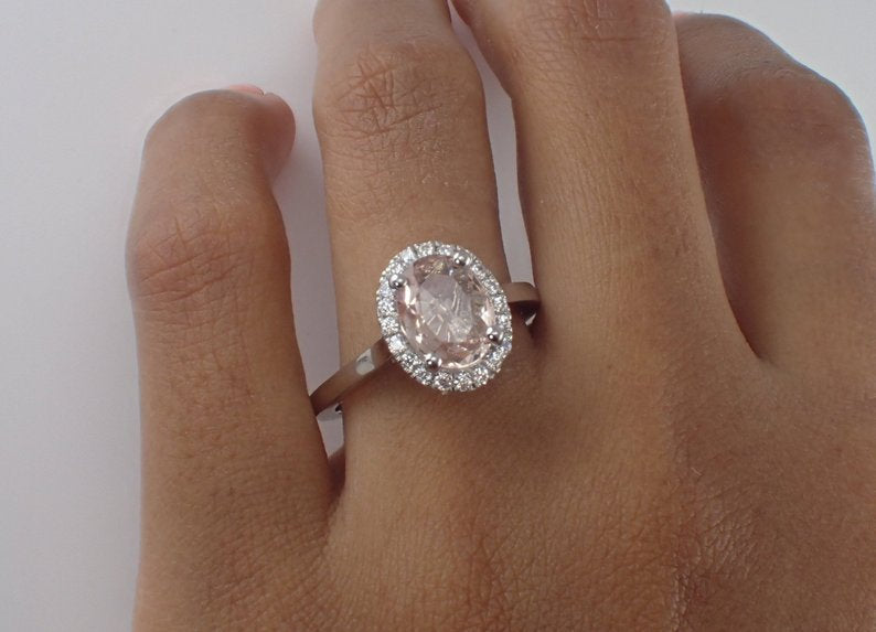 9x7mm Oval Morganite Engagement Ring, Diamond Halo Solitaire Engagement Ring, 14k Solid Gold Anniversary Ring