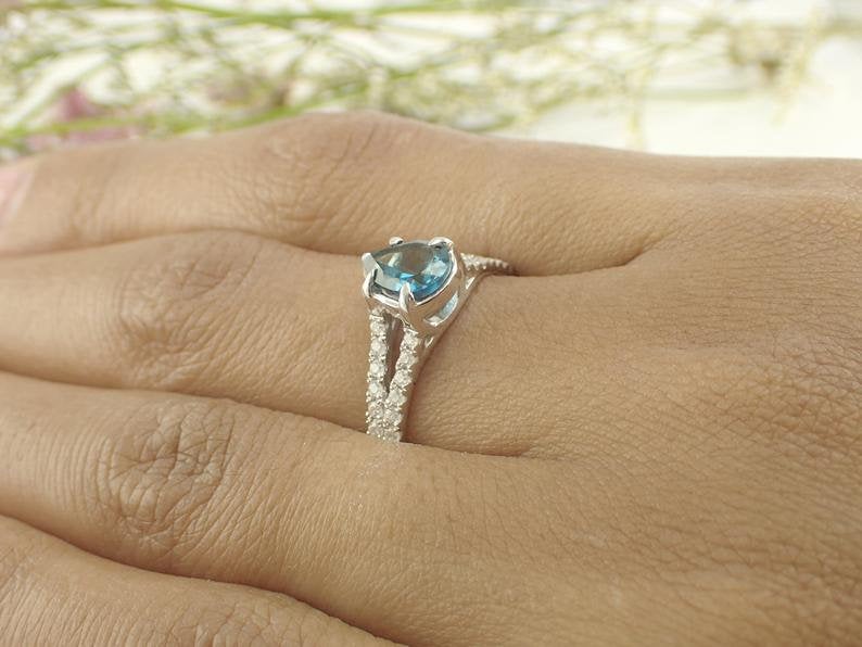 7x5mm Blue Topaz Split Shank Engagement Ring, VS E-F Diamonds with 0.75ct Pear Cut Wedding Ring in 14k Solid Gold