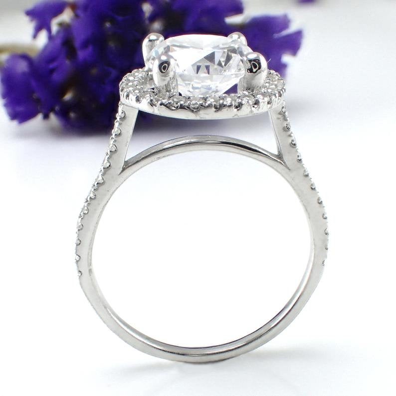 7.5mm Forever One Moissanite with Diamonds Halo Engagement Ring, 14k Solid Gold 1.5ct Round Cut Anniversary Ring