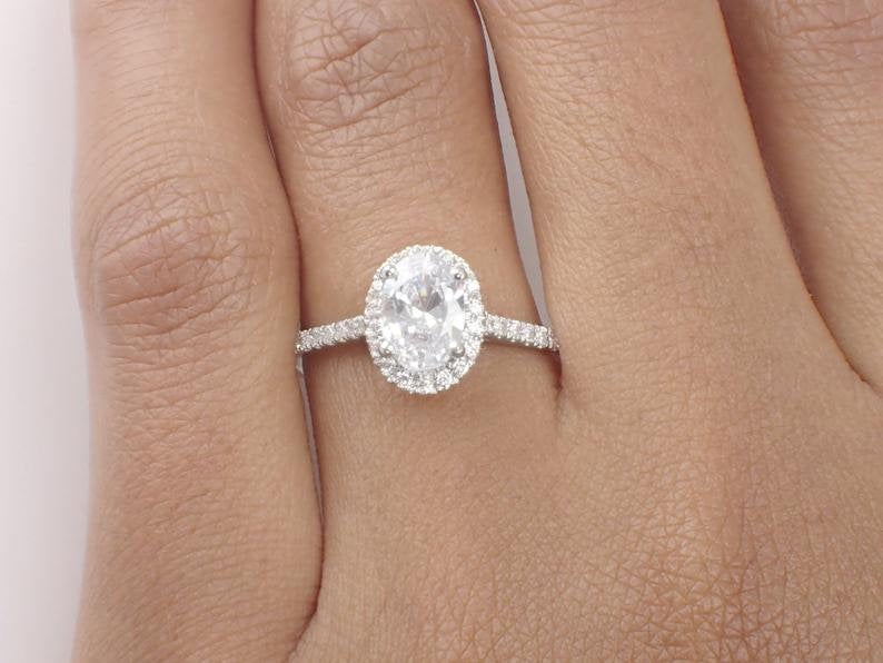 1ct Oval Cut Forever One Moissanite Engagement Ring, 14k Solid Gold Minimalist Diamond Halo Anniversary Ring  7x5mm