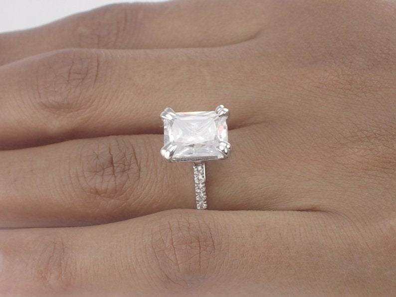 3.5ct Emerald Cut Forever One Moissanite Engagement Ring, 14k Solid Gold VS E-F Diamond Engagement Ring, 10x8mm Anniversary Ring