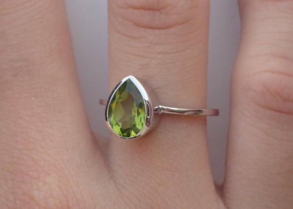 7x5mm Bezel Set Peridot Engagement Ring, 0.75ct Pear Cut Wedding Ring in 14k Solid Gold, Peridot Anniversary Ring