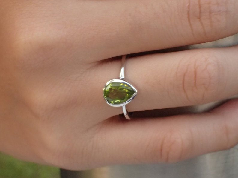 7x5mm Bezel Set Peridot Engagement Ring, 0.75ct Pear Cut Wedding Ring in 14k Solid Gold, Peridot Anniversary Ring