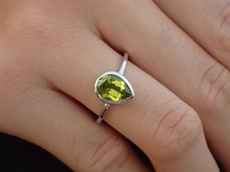 7x5mm Bezel Set Peridot Engagement Ring, 0.75ct Pear Cut Wedding Ring in 14k Solid Gold, Peridot Anniversary Ring