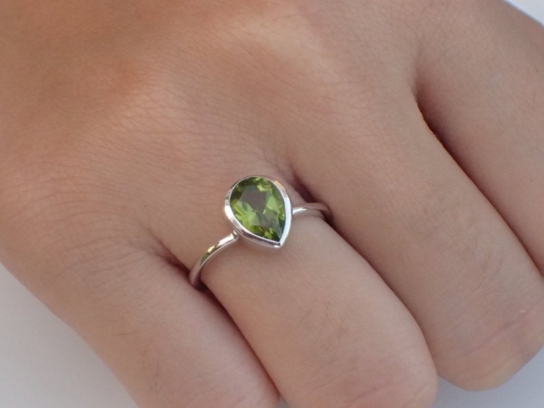 7x5mm Bezel Set Peridot Engagement Ring, 0.75ct Pear Cut Wedding Ring in 14k Solid Gold, Peridot Anniversary Ring