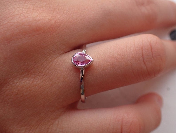 7x5mm Bezel Set Pink Sapphire Engagement Ring, 0.75ct Pear Cut Wedding Ring in 14k Solid Gold, Sapphire Anniversary Ring