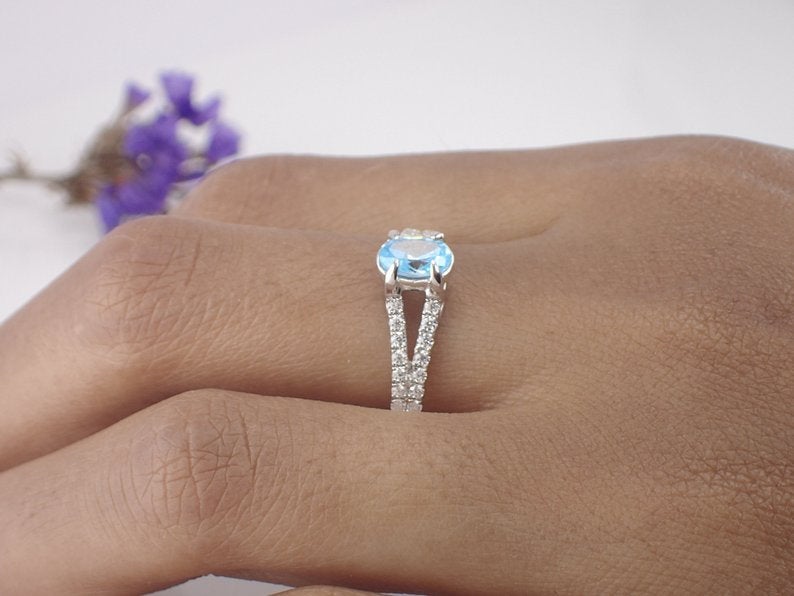 6x4mm Aquamarine Split Shank Engagement Ring, VS E-F Diamonds with 0.50ct Oval Cut Wedding Ring in 14k Solid Gold