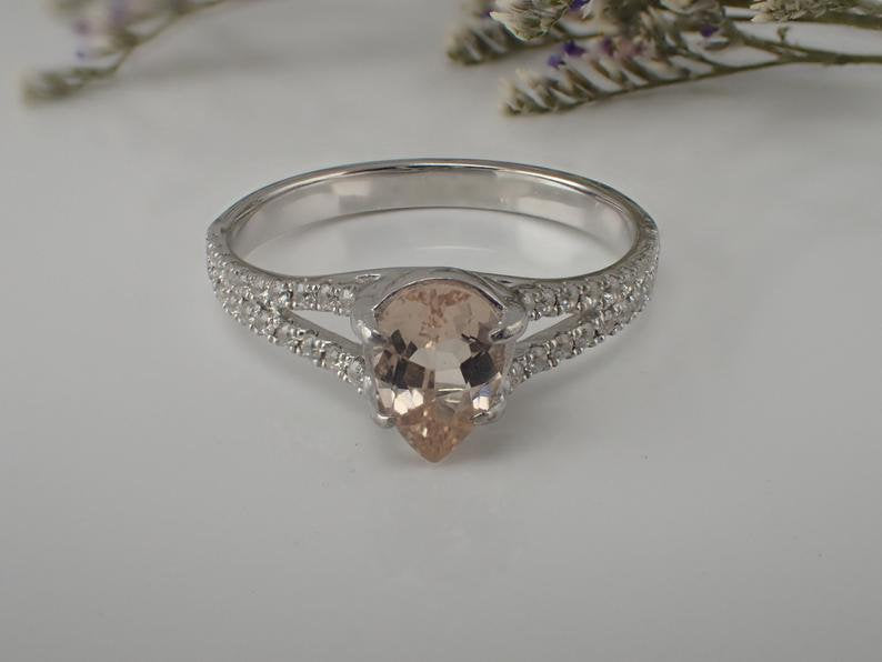 7x5mm Pear Shape Morganite Engagement Ring, 14k Solid Gold Light Pink Morganite, VS E-F Diamond Split Shank Wedding Ring