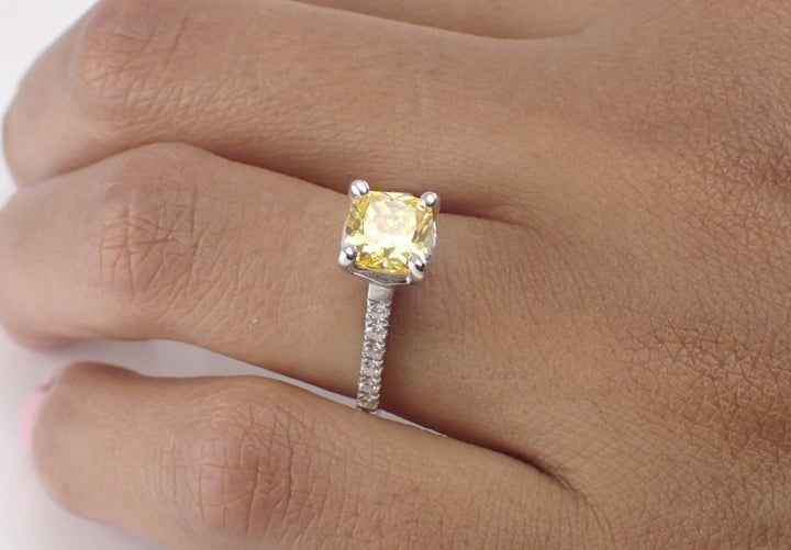 6x6mm Cushion Cut Yellow Sapphire Engagement Ring, VS E-F Diamonds Anniversary Ring in 14k Solid Gold 1.1ct