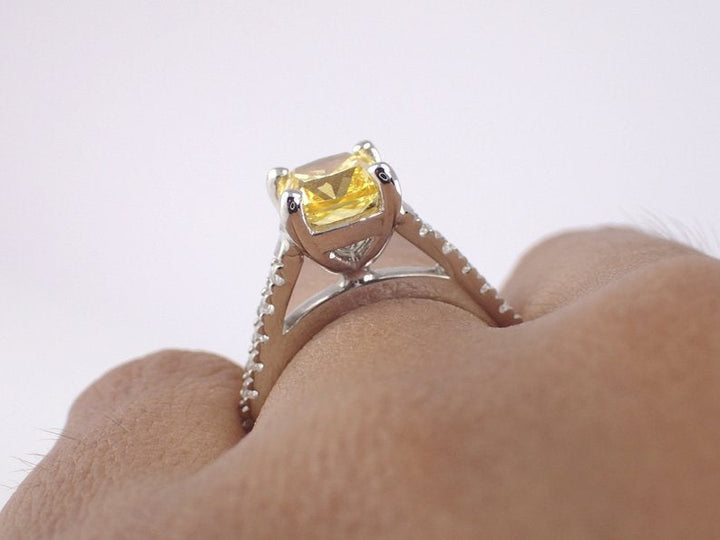 6x6mm Cushion Cut Yellow Sapphire Engagement Ring, VS E-F Diamonds Anniversary Ring in 14k Solid Gold 1.1ct