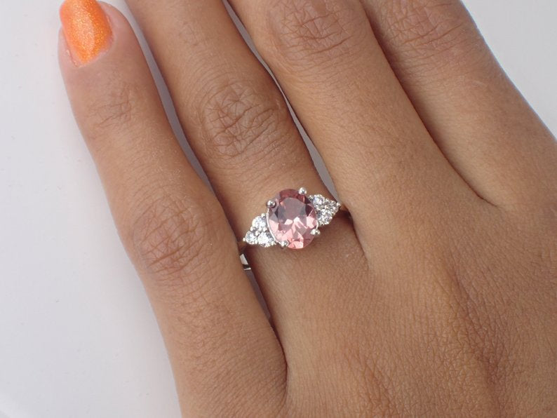 8x6mm Oval Cut Morganite Engagement Ring, VS E-F Diamond Cluster Wedding Ring in 14k Solid Gold, 1.5ct Peach Morganite