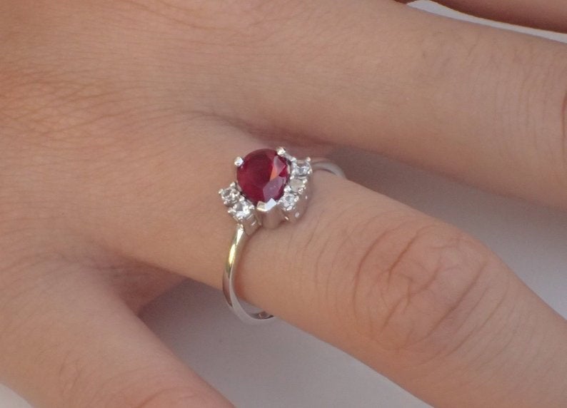 7x5mm Pear Cut Ruby Engagement Ring, VS E-F Diamond Cluster Wedding Ring in 14k Solid Gold, July Birthstone Ring 0.75ct