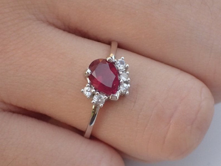 7x5mm Pear Cut Ruby Engagement Ring, VS E-F Diamond Cluster Wedding Ring in 14k Solid Gold, July Birthstone Ring 0.75ct