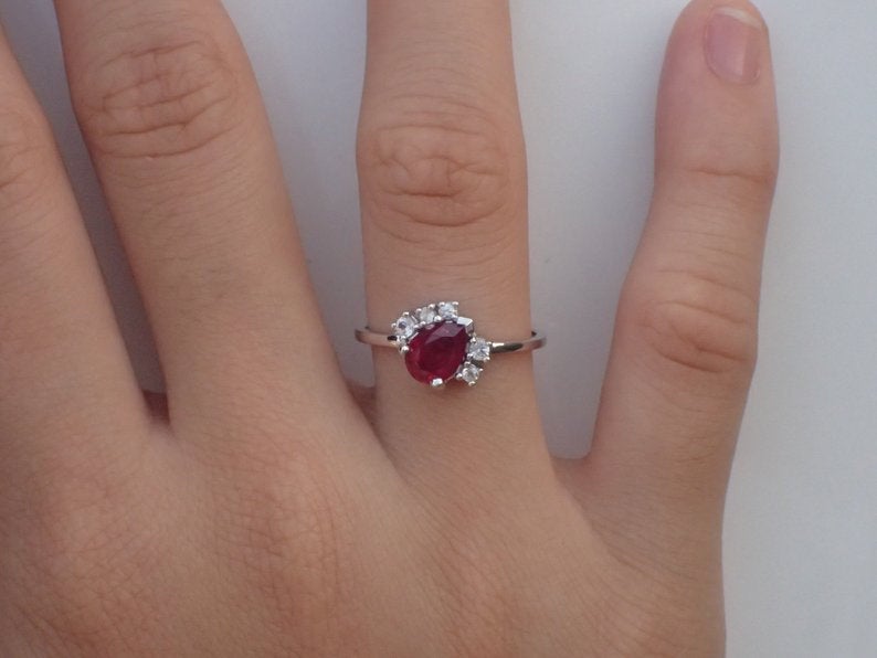 7x5mm Pear Cut Ruby Engagement Ring, VS E-F Diamond Cluster Wedding Ring in 14k Solid Gold, July Birthstone Ring 0.75ct