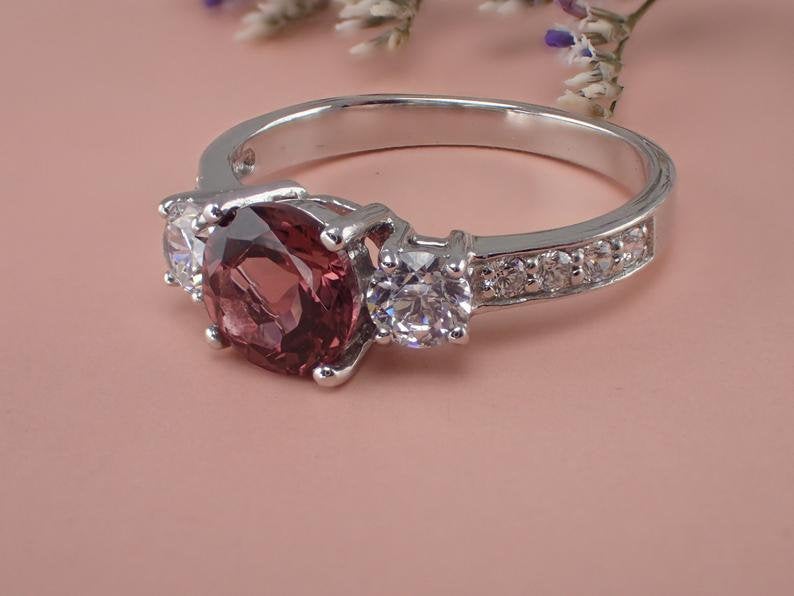 6mm Pink Tourmaline White Sapphire Three Stone Engagement Ring, 14k Solid God VS E-F Diamond Wedding Band