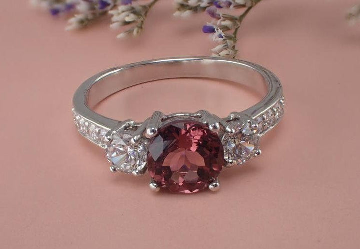 6mm Pink Tourmaline White Sapphire Three Stone Engagement Ring, 14k Solid God VS E-F Diamond Wedding Band