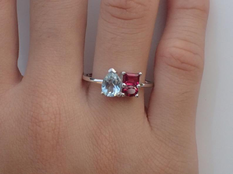 7x5mm Pear Cut Aquamarine Engagement Ring, 14k Solid Gold Ruby Cluster Anniversary Ring, Oval, Pear, Emerald Cut Wedding Ring