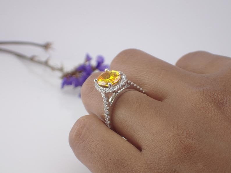 9x7mm Natural Yellow Sapphire Engagement Ring, 14k Solid Gold Diamonds Halo Anniversary Ring, 2ct Oval Cut Wedding Ring