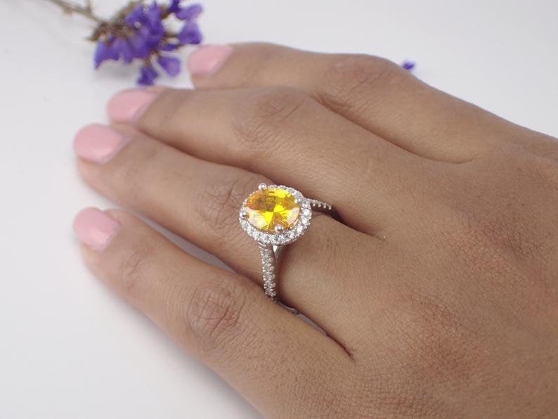 9x7mm Natural Yellow Sapphire Engagement Ring, 14k Solid Gold Diamonds Halo Anniversary Ring, 2ct Oval Cut Wedding Ring