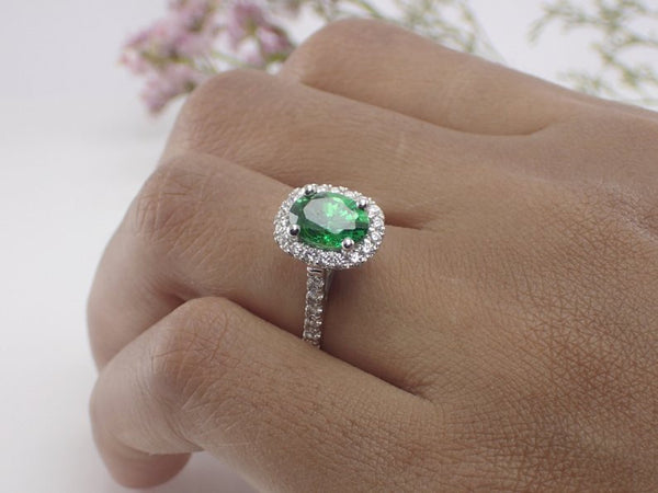 8x6mm Natural Emerald Engagement Ring, 14k Solid Gold Diamonds Halo Anniversary Ring, 1.50ct Oval Cut Wedding Ring