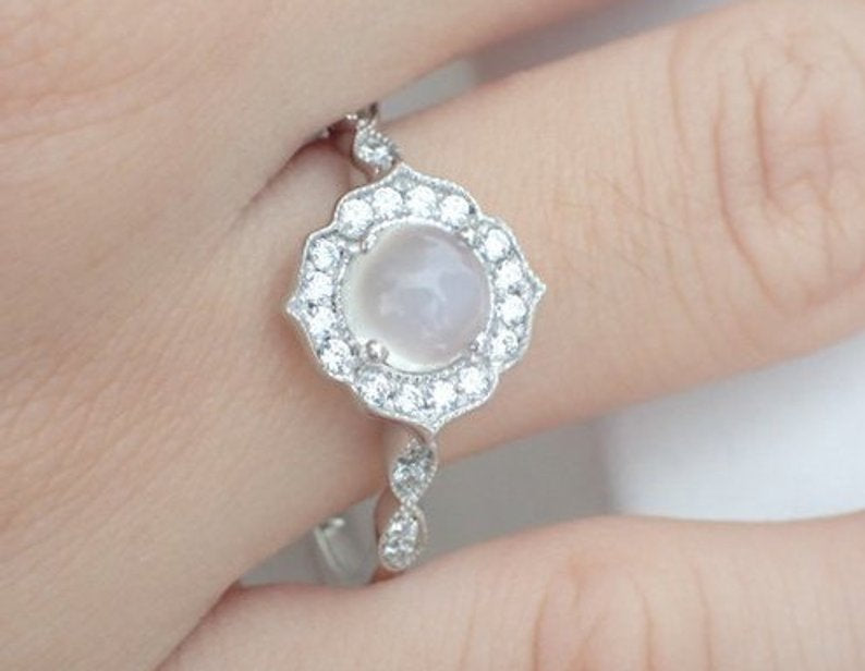 7mm Moonstone Engagement Ring, Diamond Cluster Wedding Ring in 14k Solid Gold, Art Deco Vintage Inspired Anniversary Ring