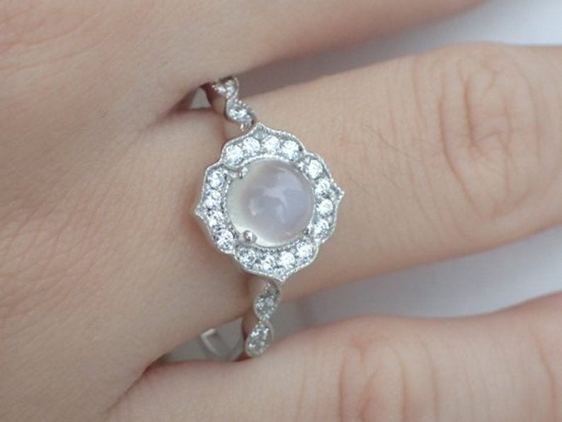 7mm Moonstone Engagement Ring, Diamond Cluster Wedding Ring in 14k Solid Gold, Art Deco Vintage Inspired Anniversary Ring