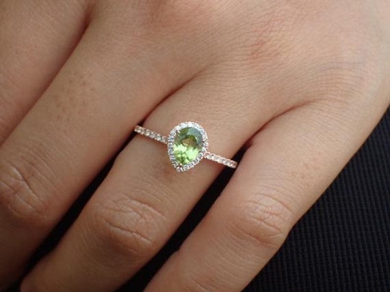 7x5mm Pear Cut Peridot Engagement Ring, Diamond Halo Cathedral Set Engagement Ring, 14k Solid Gold Anniversary Ring