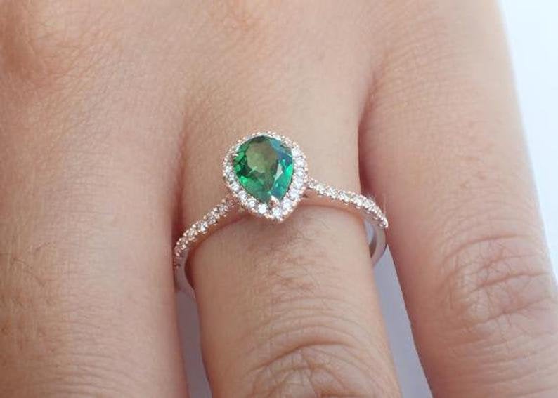 7x5mm Pear Cut Tsavorite Engagement Ring, Diamond Halo Cathedral Set Engagement Ring, 14k Solid Gold Anniversary Ring