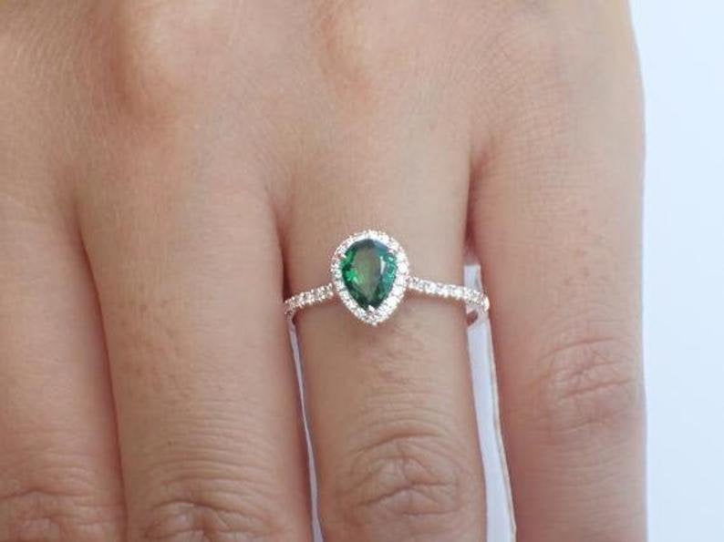 7x5mm Pear Cut Tsavorite Engagement Ring, Diamond Halo Cathedral Set Engagement Ring, 14k Solid Gold Anniversary Ring