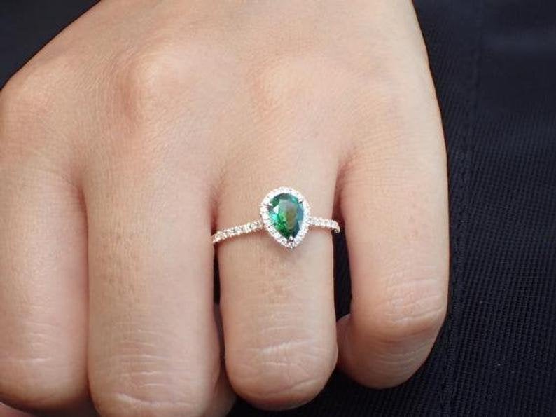 7x5mm Pear Cut Tsavorite Engagement Ring, Diamond Halo Cathedral Set Engagement Ring, 14k Solid Gold Anniversary Ring