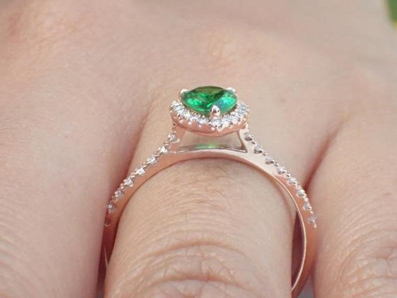 7x5mm Pear Cut Tsavorite Engagement Ring, Diamond Halo Cathedral Set Engagement Ring, 14k Solid Gold Anniversary Ring